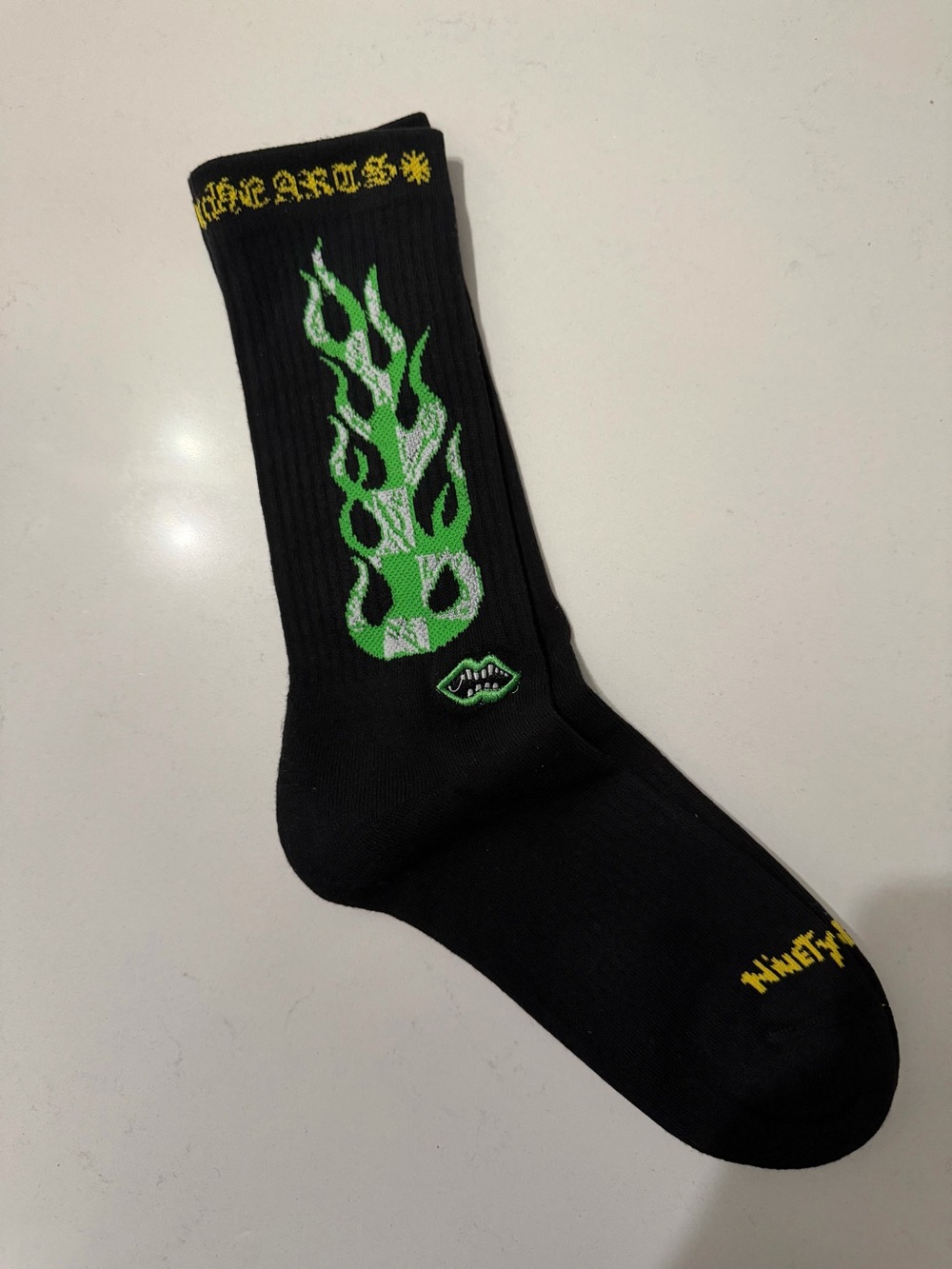 Chrome Hearts Black Crew Socks with Green Flame and Yellow Logo